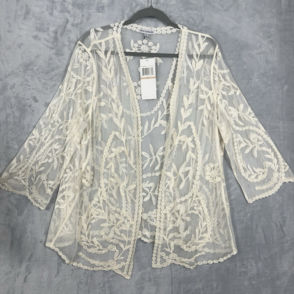 Nina Leonard Embroidered Lace Open Cardigan 2X Ivory Romantic Boho Coquette NWT